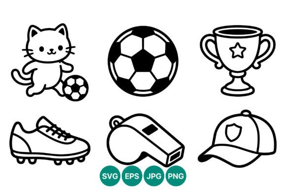 Soccer Cat Sports Icons: Line Art Graphics & Illustrations
